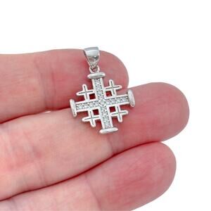 Vintage Sterling Silver 925 Cubic Zirconia Pavé Jerusalem Cross Pendant